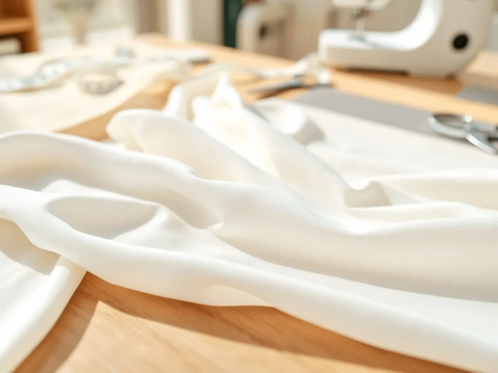 Delikatna, jasna krepa układająca się w fale na stole krawieckim, w tle rozmyte akcesoria do szycia w jasnej pracowni
