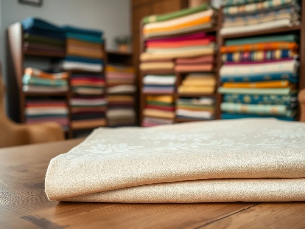 Zbliżenie beżowej tkaniny żakardowej z wypukłym kwiatowym wzorem, w tle półki z kolorowymi żakardami w pracowni