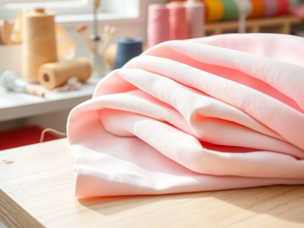 Zbliżenie na złożoną tkaninę akrylową w pastelach, ukazujące jej gładką fakturę i zastosowanie w krawiectwie