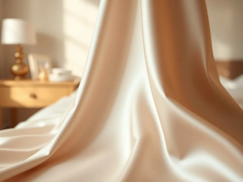 Gładka satyna w neutralnych barwach, z połyskiem i miękkim układem tkaniny, podkreślająca elegancję i luksus materiału.