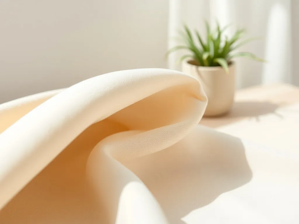 Jasnobeżowa tkanina lyocell o gładkiej, lekko jedwabistej fakturze na tle rośliny i drewnianej, ekologicznej aranżacji.