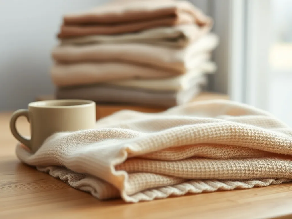 Miękki beżowy sweter z kaszmiru i inne wełniane ubrania w ciepłym świetle, podkreślające luksus i przytulność materiału.