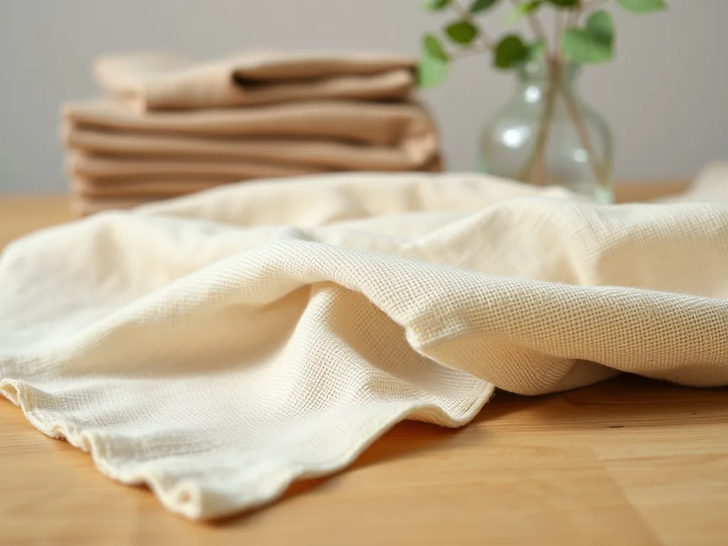 Beżowa tkanina lniana z widocznym splotem, na tle złożonych lnów i zieleni, podkreślająca naturalny, ekologiczny charakter materiału.