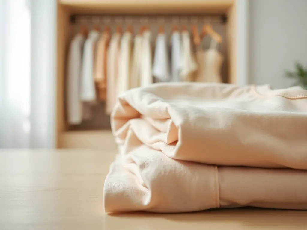 Starannie złożone, lekko połyskujące T‑shirty z bawełny merceryzowanej w neutralnych kolorach na jasnym drewnianym blacie.