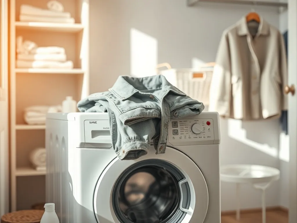 Złożona kurtka na pralce obok delikatnego detergentu, podkreślająca prawidłowe pranie zgodnie z metką.