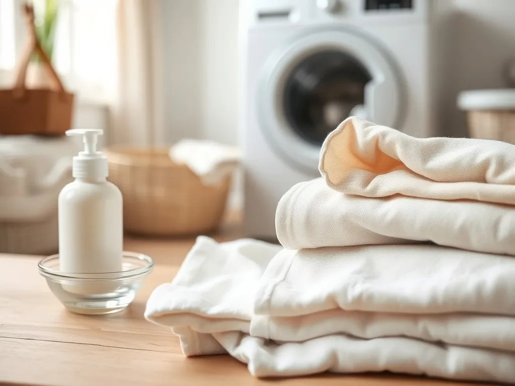 Starannie złożone ubrania z lnu obok delikatnego detergentu w jasnej pralni, podkreślające łagodne pranie tkaniny.