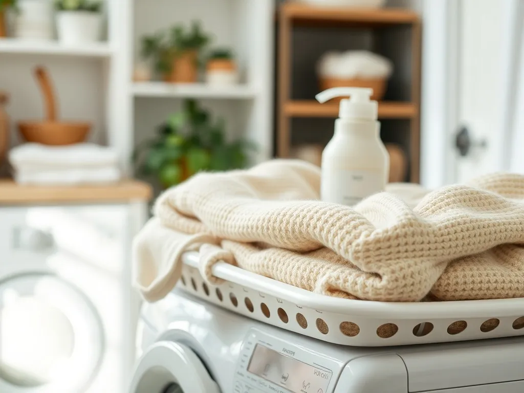 Miękki beżowy sweter z wełny złożony w koszu na pralce obok delikatnego detergentu, w jasnej, przytulnej pralni.