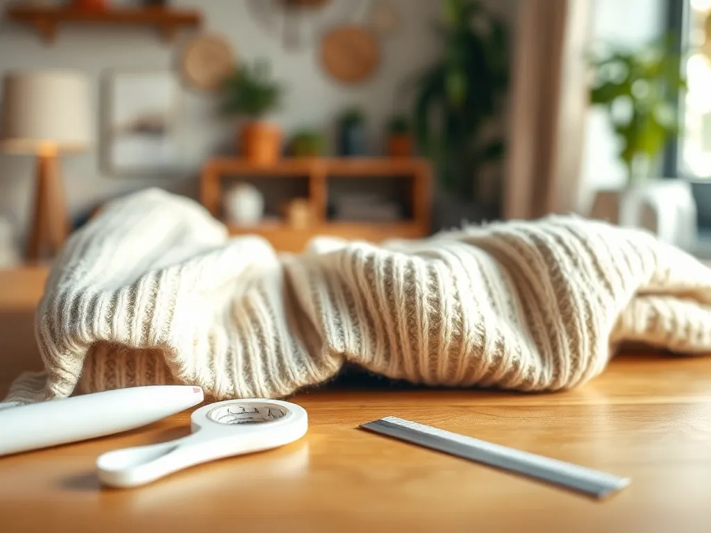 Zmechacony sweter na stole oraz golarka, zwykła maszynka i taśma klejąca jako domowe sposoby na usuwanie kulek z tkaniny.
