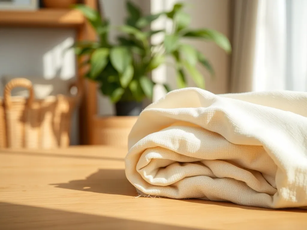 Miękka złożona tkanina z bawełny organicznej w neutralnych barwach, podkreślająca naturalną, ekologiczną i minimalistyczną estetykę.