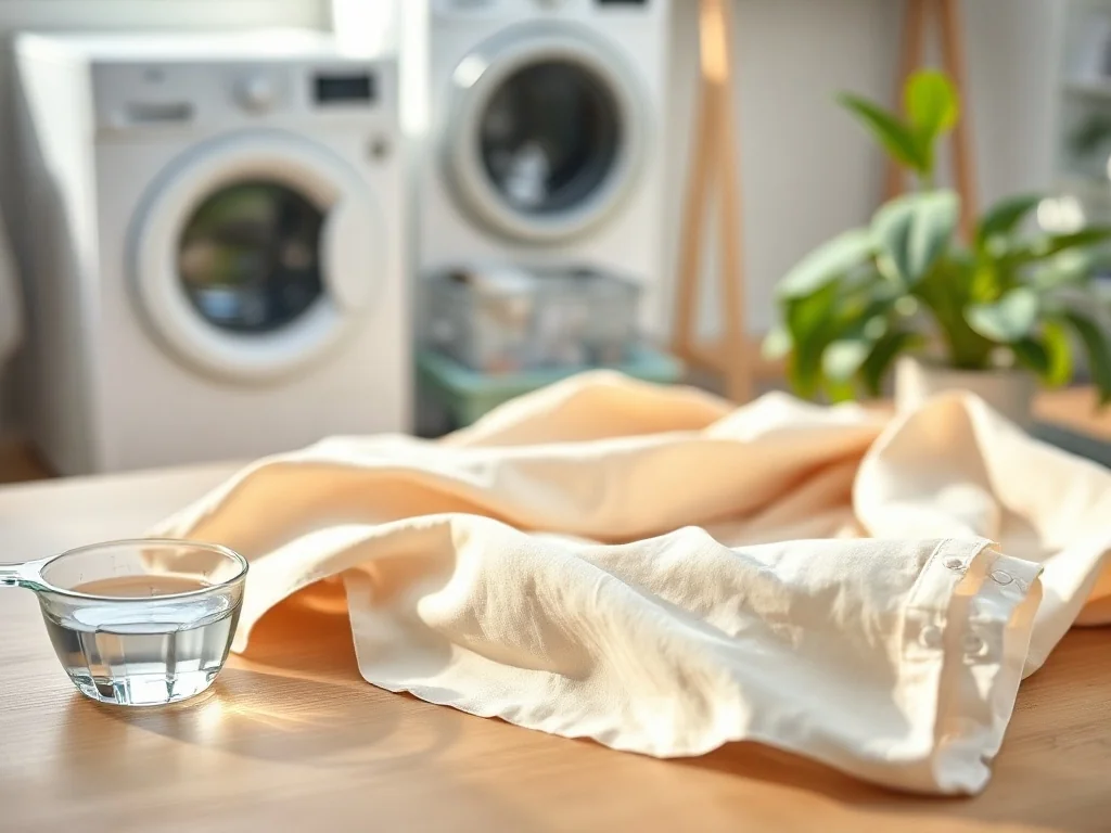 Złożona beżowa bluzka z wiskozy obok delikatnego detergentu i miski z wodą, przygotowana do prania ręcznego.