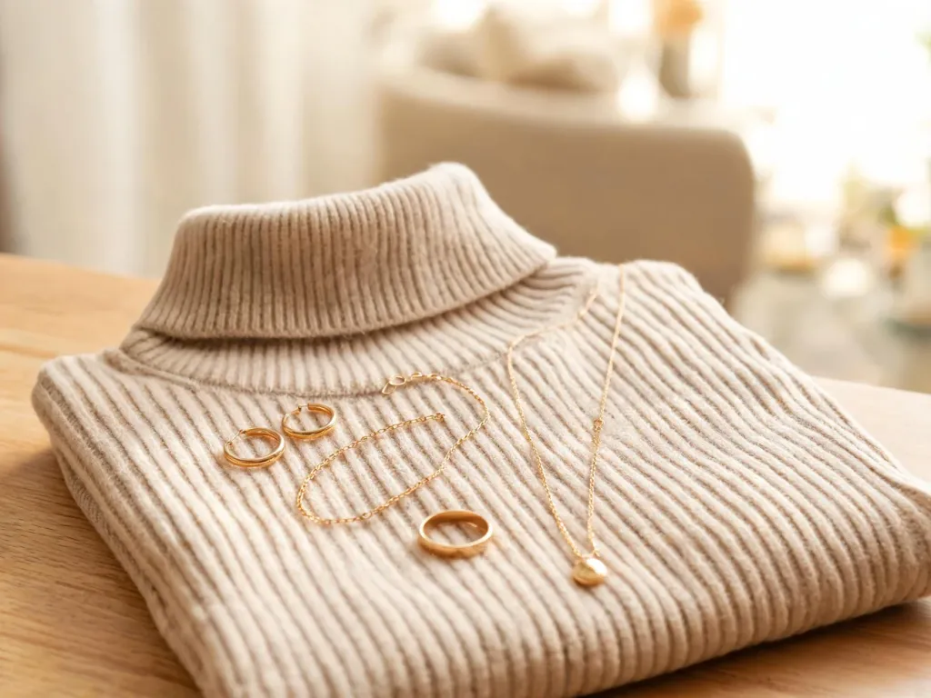 Minimalistyczna złota biżuteria ułożona na beżowym golfie, podkreślająca elegancki, codzienny styl i subtelne dodatki.