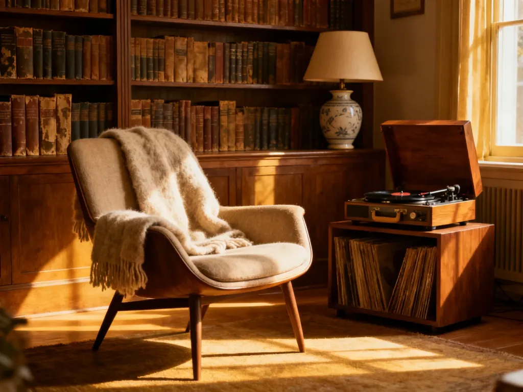 Przytulny salon w stylu vintage z fotelem mid-century, gramofonem i regałem pełnym książek w ciepłym, nostalgicznym świetle.