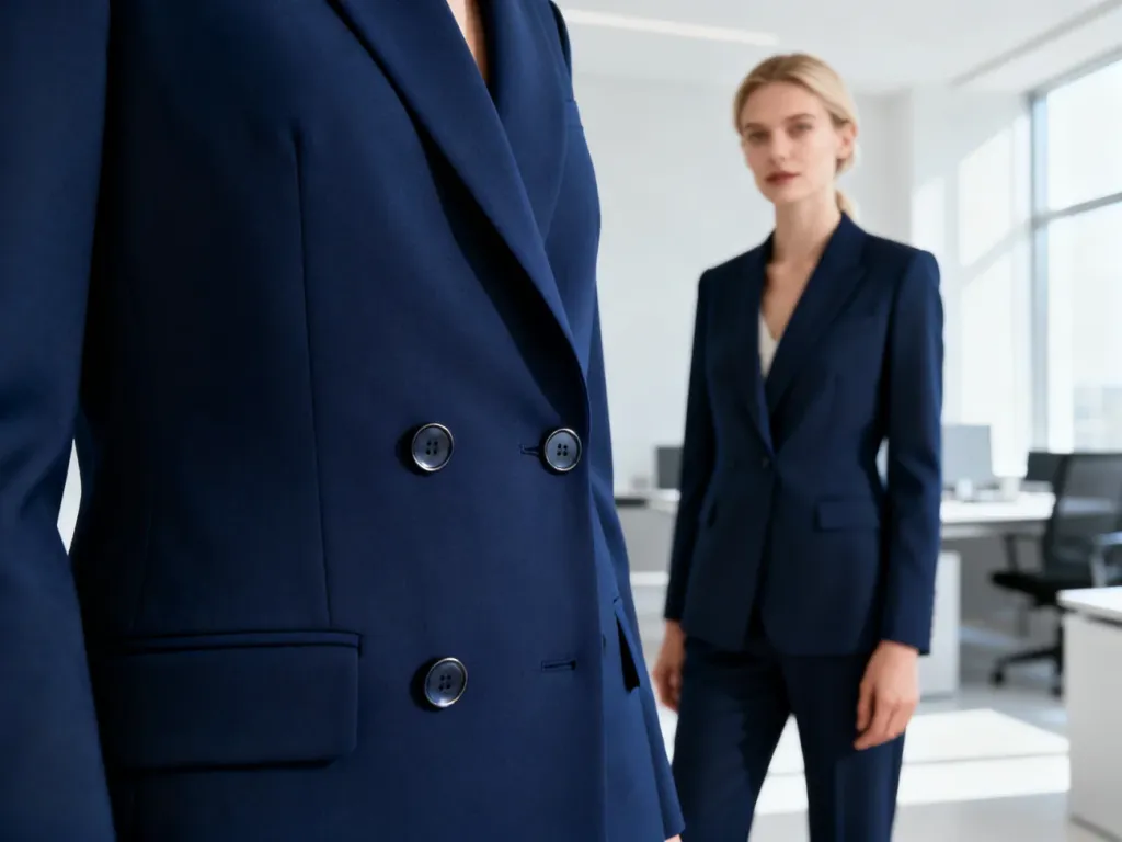 Elegancka kobieta w granatowym garniturze w nowoczesnym biurze, prezentująca profesjonalny styl i wysoką jakość tkaniny.