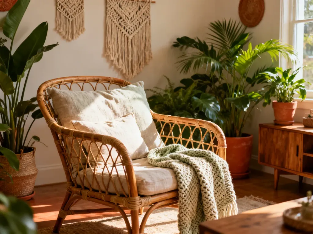 Przytulny salon w stylu boho z rattanowym fotelem, roślinami i dekoracjami z makramy w ciepłych, naturalnych barwach.
