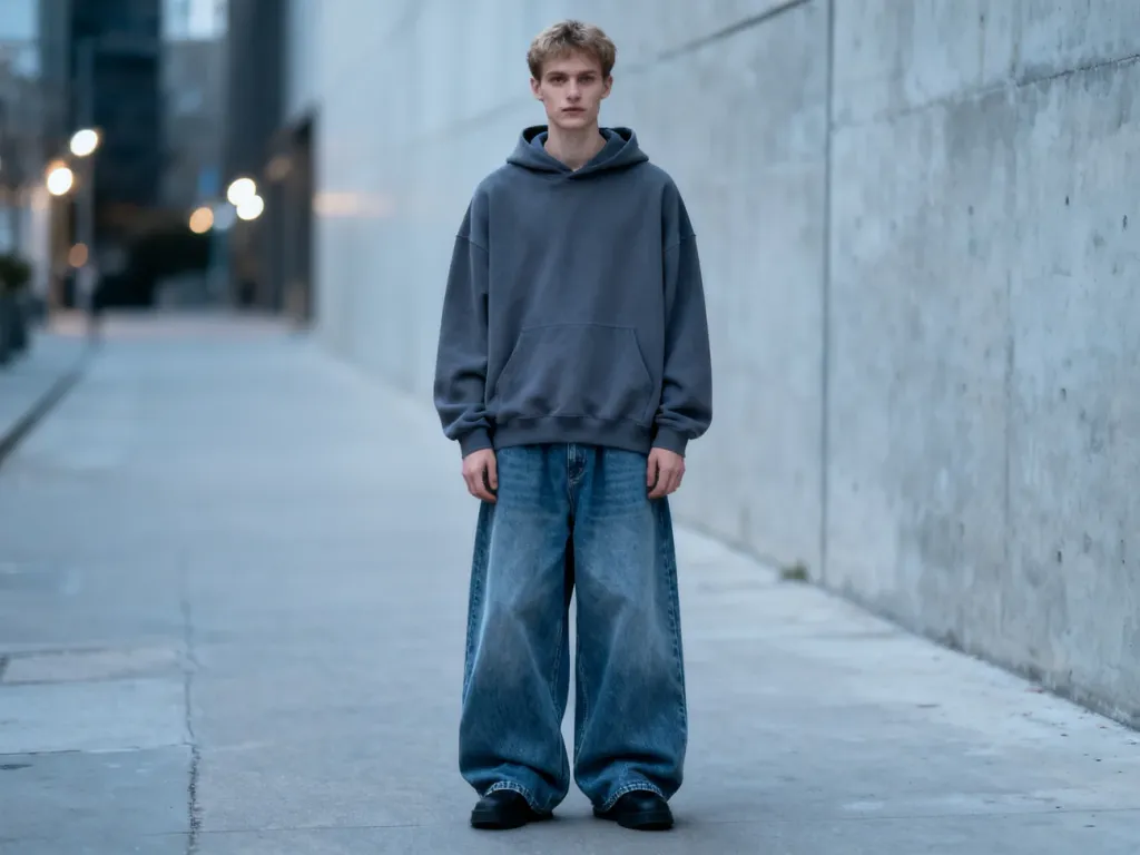 Młody mężczyzna w luźnych jeansach i oversizowej bluzie z kapturem, prezentujący miejski styl baggy na tle betonowej ściany.