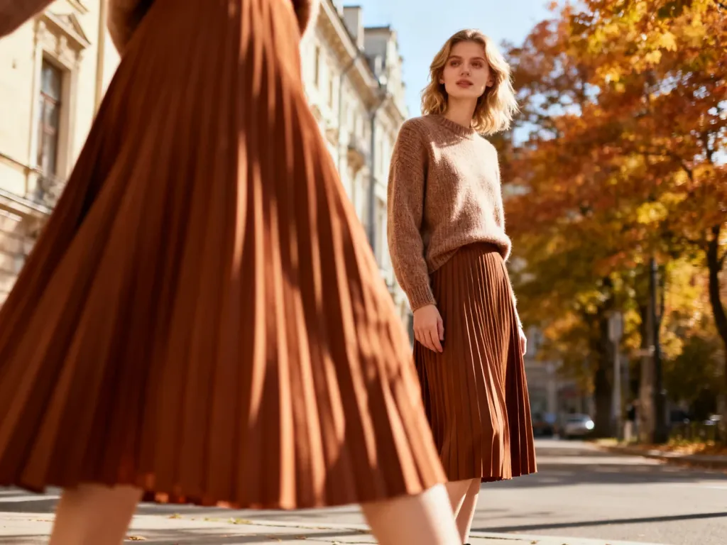 Stylowa kobieta w plisowanej spódnicy midi i swetrze na tle jesiennego miasta, prezentująca elegancką stylizację.