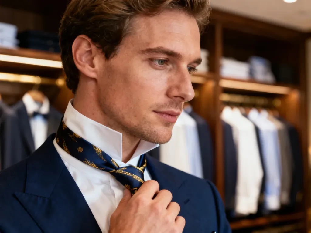 Mężczyzna w eleganckiej koszuli poprawia jedwabny krawat przy kołnierzyku w stylowo urządzonej garderobie.