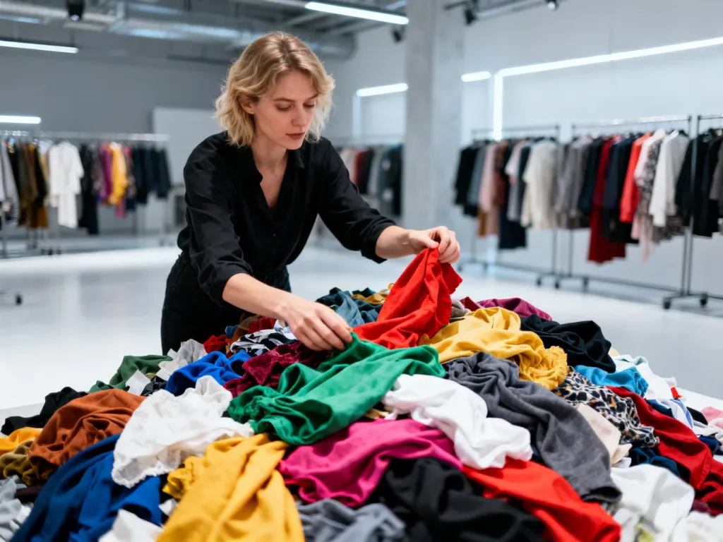 Kobieta segregująca stertę kolorowych odpadów tekstylnych w nowoczesnym studio, obrazująca problem nadprodukcji odzieży.