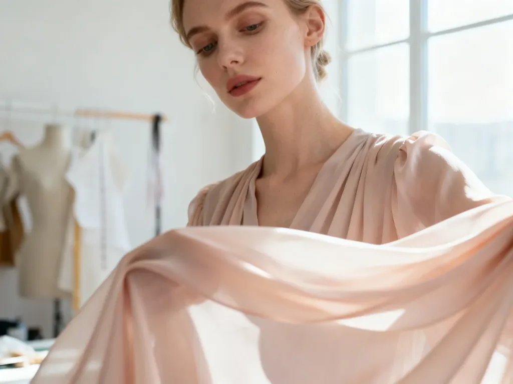 Kobieta w zwiewnej odzieży z wiskozy, ukazująca delikatną fakturę i eleganckie układanie się materiału w jasnym atelier.