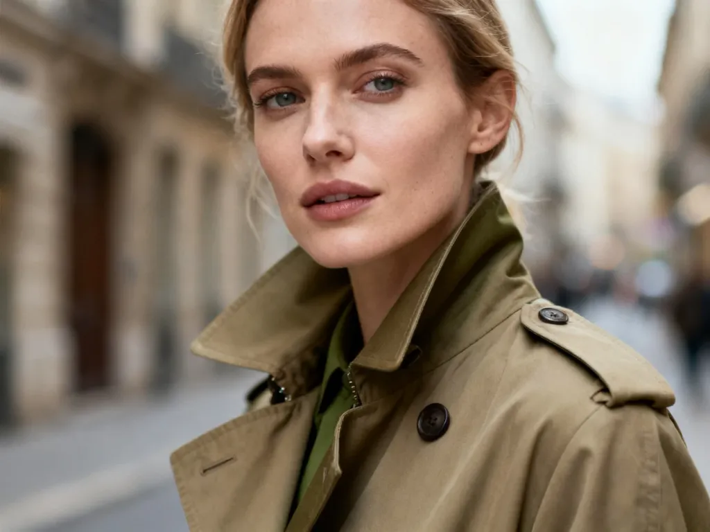 Kobieta w eleganckim trenczu w kolorze khaki na tle miejskiej ulicy, prezentująca stylizację w odcieniach ziemi.