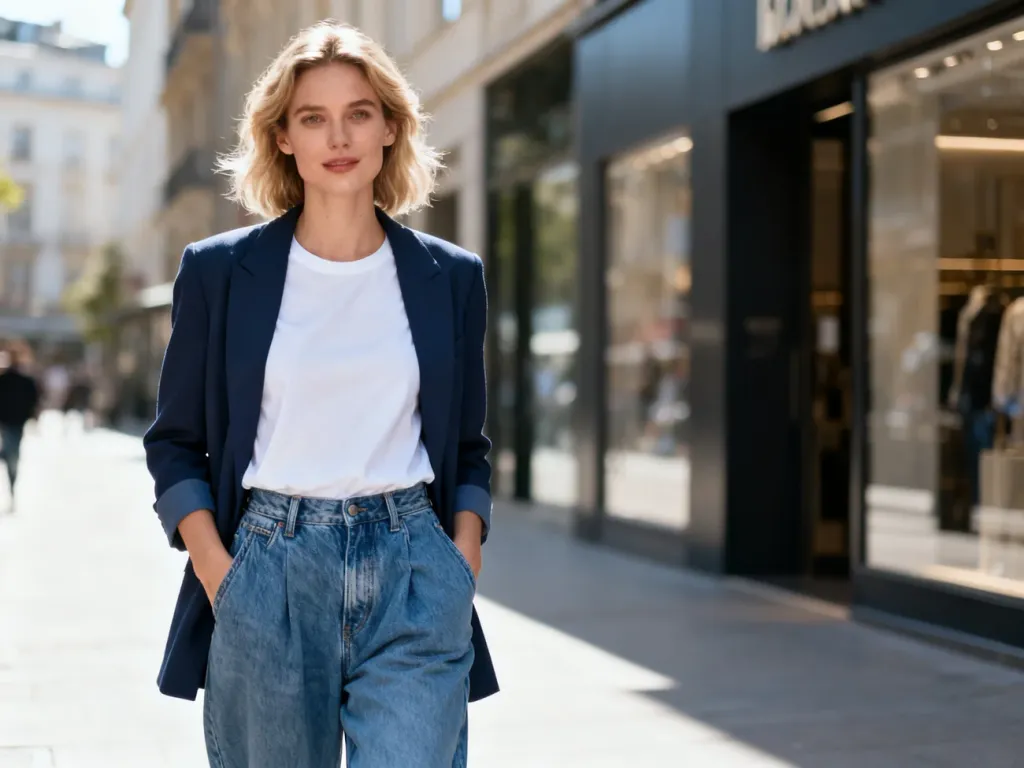 Kobieta w luźnych jeansach typu boyfriend, białym t-shircie i marynarce, stylizowana na miejski, elegancki luz.