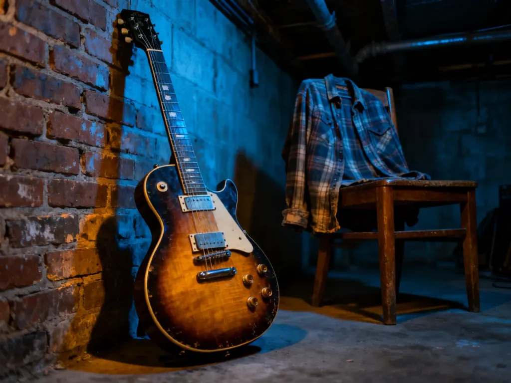 Gitara elektryczna oparta o ceglaną ścianę w klimatycznym, piwnicznym wnętrzu z flanelową koszulą w tle.