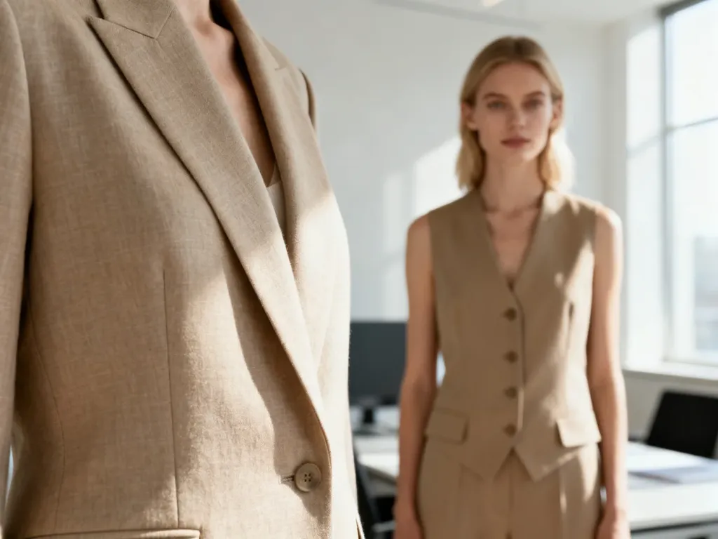 Elegancka kobieta w beżowej kamizelce garniturowej w nowoczesnym biurze, prezentująca stylizację w minimalistycznym wydaniu.