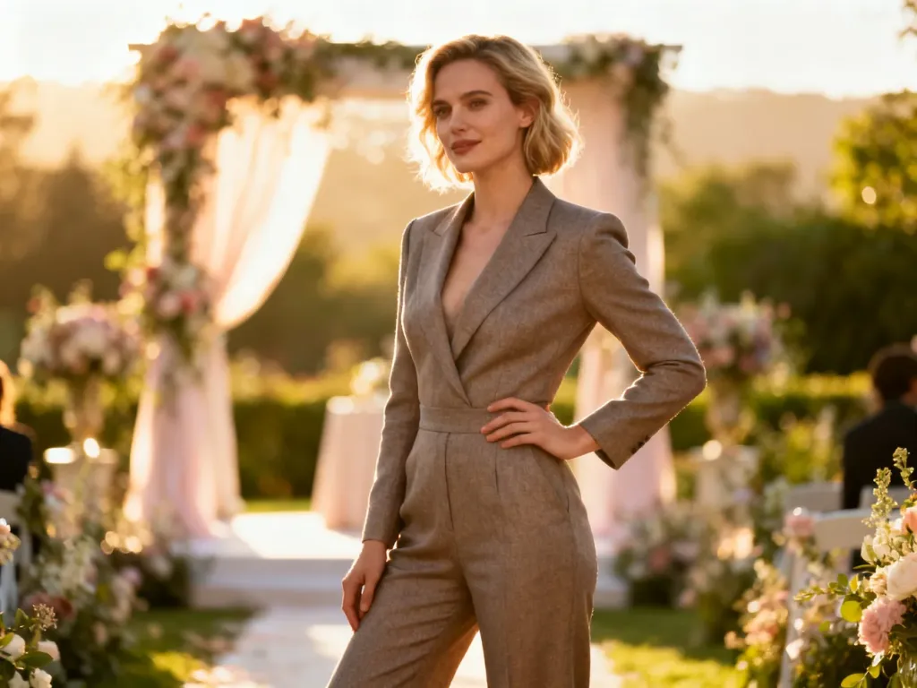 Elegancka kobieta w stylowym kombinezonie pozuje w ogrodzie, prezentując szykowną propozycję na wesele.