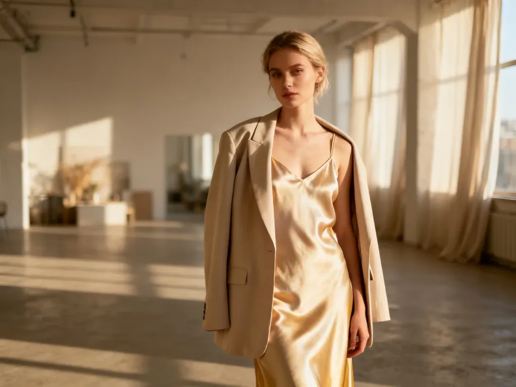 Kobieta w jedwabnej sukience typu slip dress i narzuconej na ramiona marynarce w jasnym, minimalistycznym wnętrzu.