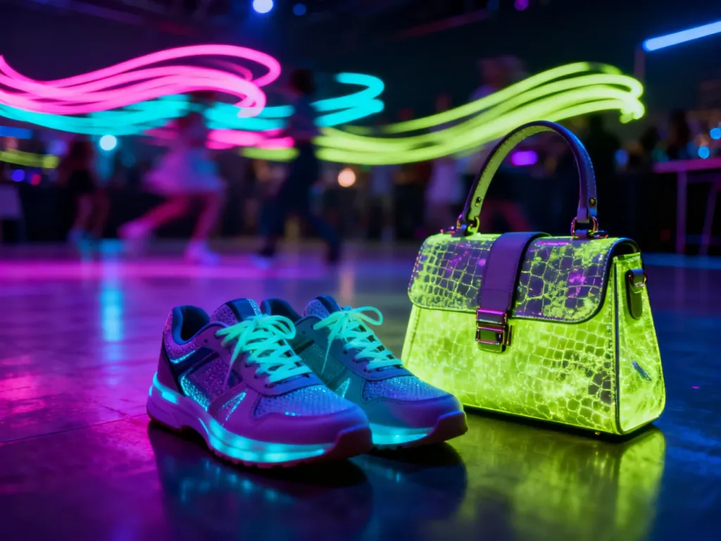 Modne sneakersy i torebka świecące w świetle UV na tle rozmytego, neonowego parkietu podczas imprezy.