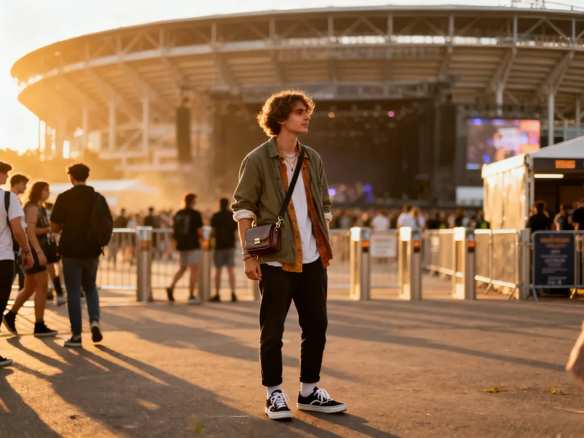 Osoba w warstwowym stroju i wygodnych sneakersach przed wejściem na koncert stadionowy
