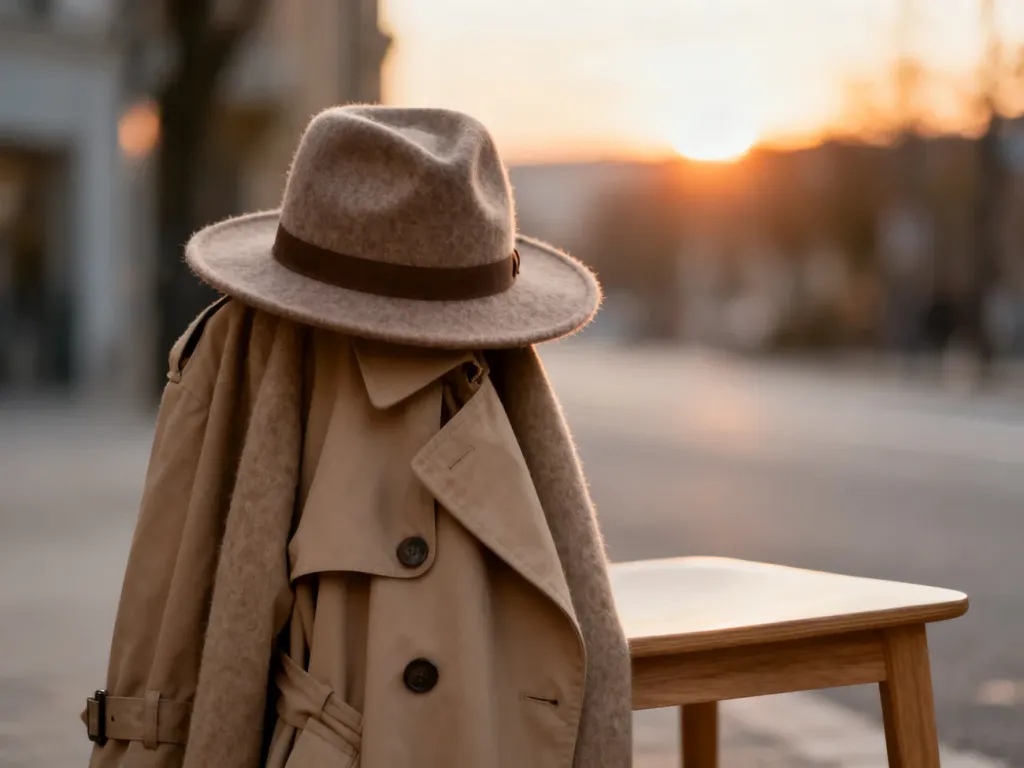 Wełniany kapelusz typu fedora położony na beżowym trenczu, tworzący stylową i elegancką jesienną kompozycję.