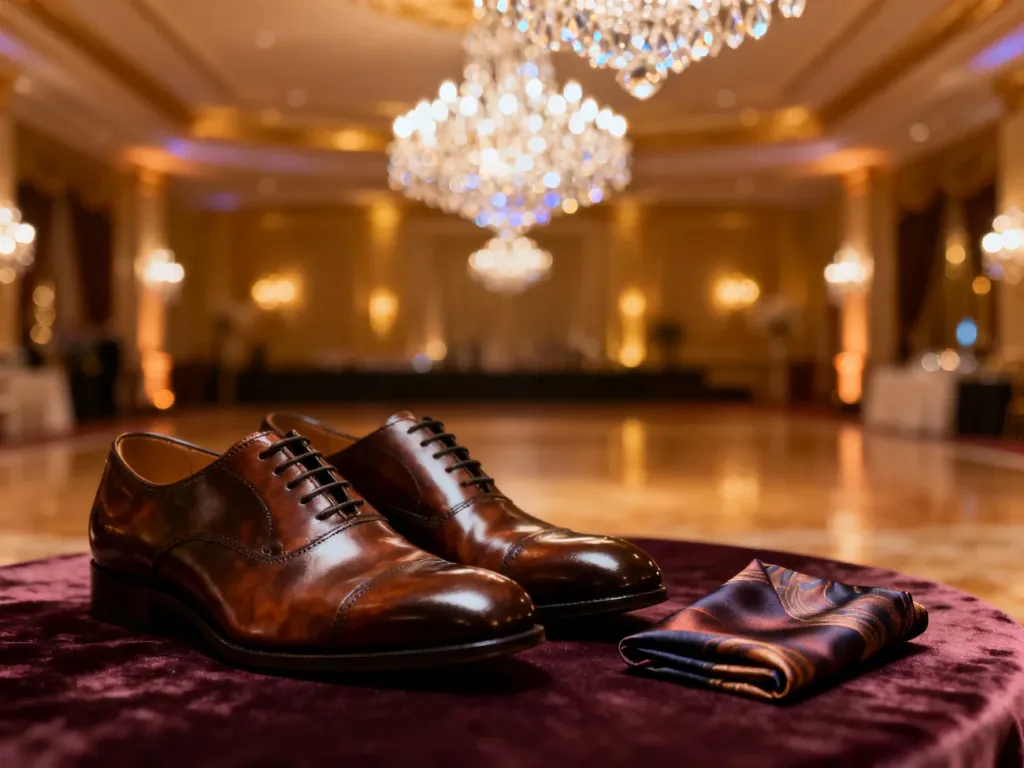 Eleganckie męskie półbuty i poszetka na aksamitnym tle, w tle rozmyte wnętrze sali balowej z kryształowymi żyrandolami.