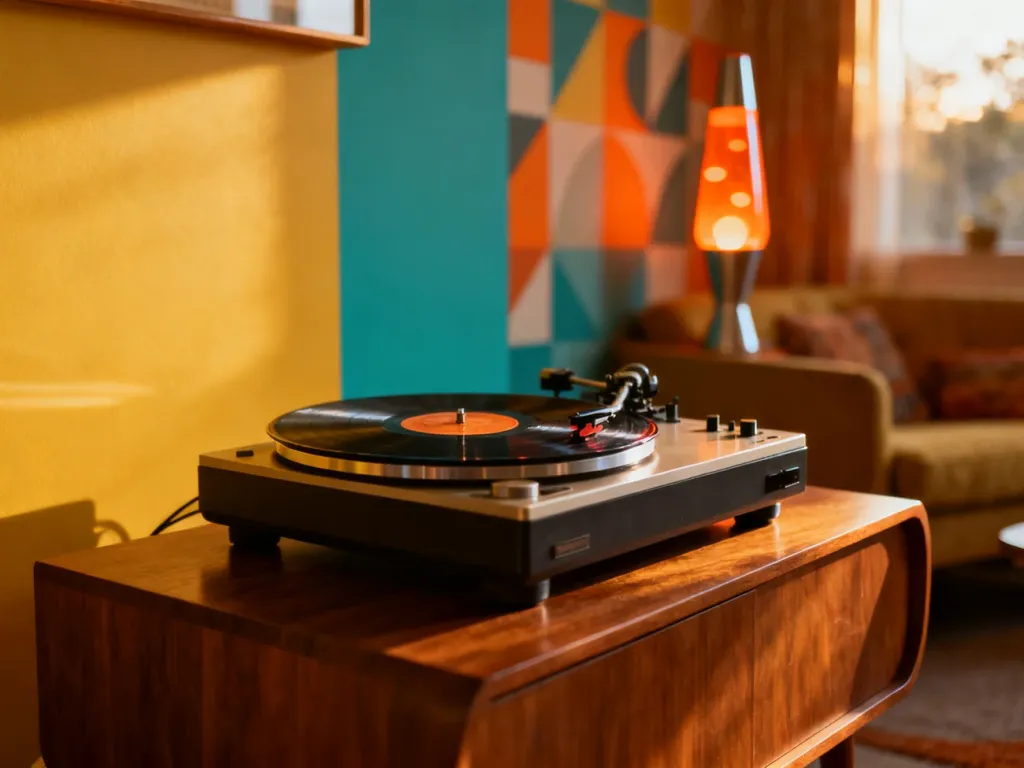 Gramofon w stylu retro na drewnianym stoliku w salonie z lat 60. z charakterystyczną lampą lawą w tle.