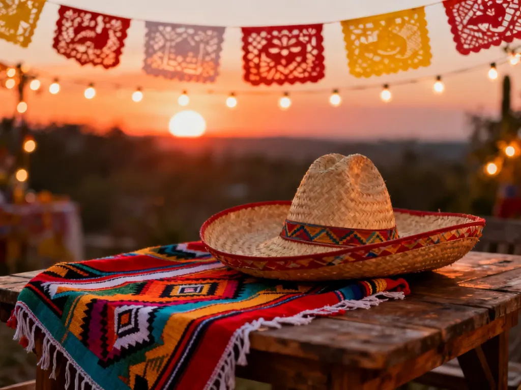 Kolorowe meksykańskie poncho i słomkowe sombrero na drewnianym stole w otoczeniu świątecznych dekoracji.