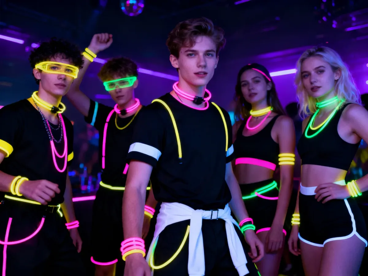 Grupa osób w czarnych stylizacjach z fluorescencyjnymi dodatkami na imprezie neonowej
