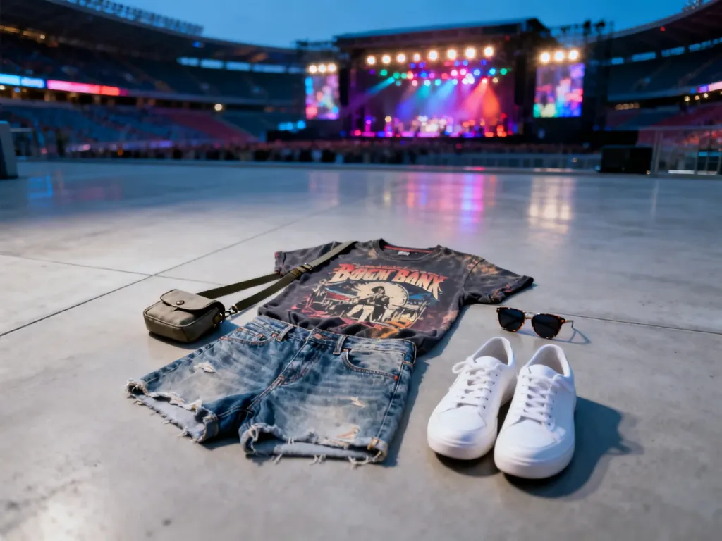 Stylizacja na koncert: jeansowe szorty, koszulka z grafiką i wygodne sneakersy na tle rozświetlonej sceny stadionowej.