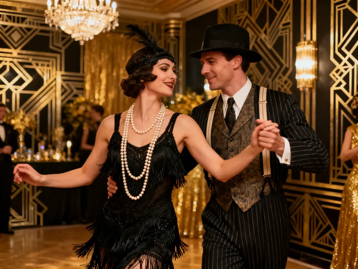Para w stylizacjach inspirowanych latami 20. na eleganckiej imprezie w stylu Gatsby