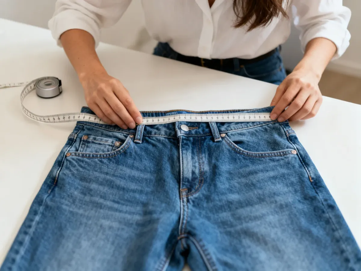 Pomiar pasa jeansów damskich za pomocą centymetra krawieckiego