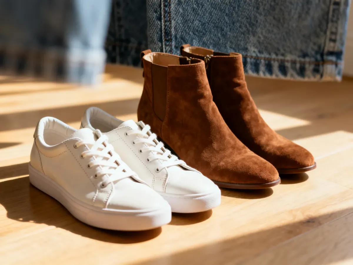 Różnorodne damskie obuwie, w tym białe sneakersy i zamszowe botki, zestawione z jeansową fakturą w tle.