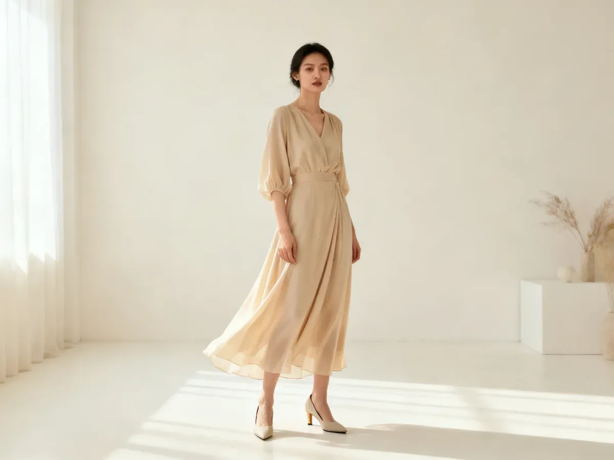 Kobieta w cielistej sukience i eleganckich neutralnych butach