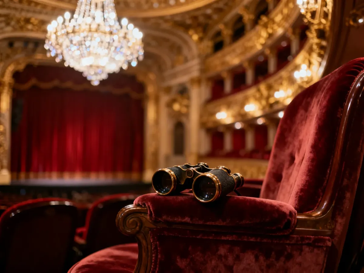 Eleganckie miejsce w operze z lornetką teatralną na podłokietniku, wprowadzające w klimat wieczornego wyjścia na balet.