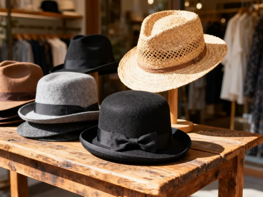 Różnorodne modele kapeluszy, w tym fedora i słomkowy, wyeksponowane na drewnianym stole w klimacie butiku.