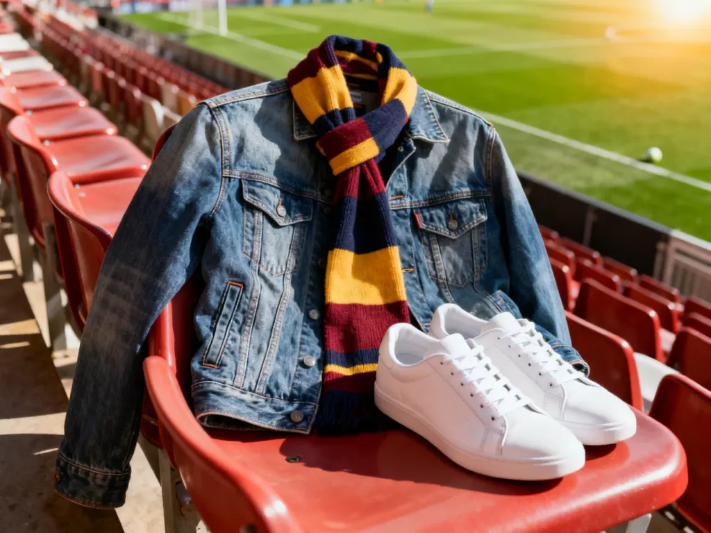 Stylowy zestaw ubrań na mecz, składający się z kurtki jeansowej, szalika w barwach drużyny i białych sneakersów na trybunach.