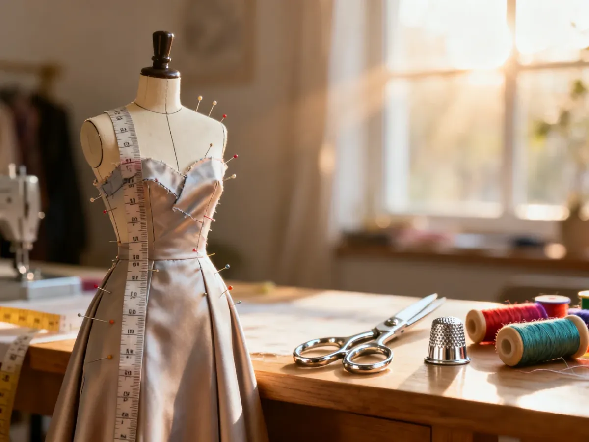 Manekin w eleganckiej sukience z przypiętymi szpilkami oraz zestaw profesjonalnych narzędzi krawieckich na stole w pracowni.