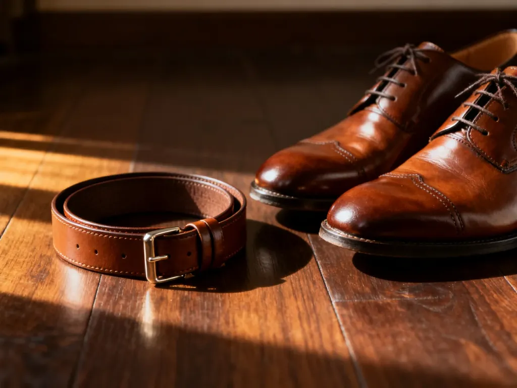 Brązowy skórzany pasek zestawiony z eleganckimi butami typu oxford na drewnianym podłożu.