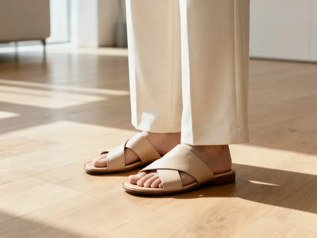 Skórzane sandały zestawione z eleganckimi długimi spodniami w minimalistycznym wnętrzu.