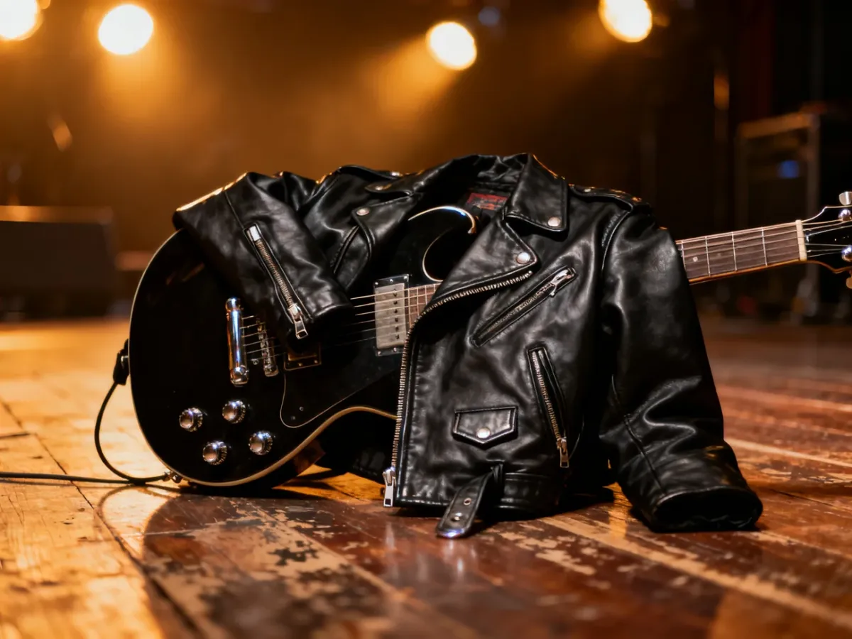 Czarna skórzana kurtka przewieszona przez gitarę elektryczną na drewnianej scenie w klimacie rock and rolla.