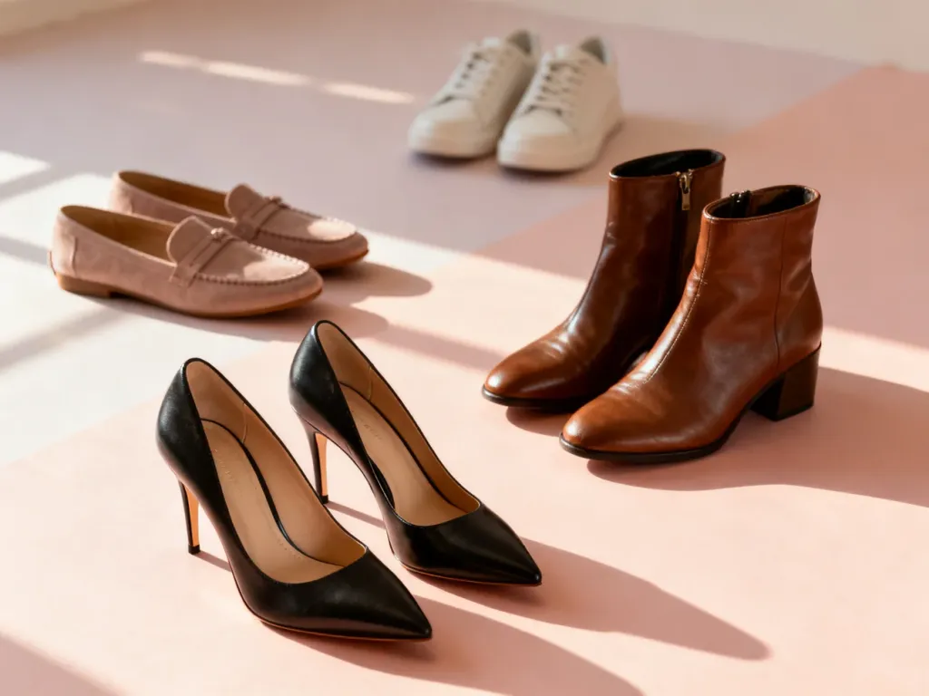 Eleganckie damskie buty, w tym szpilki, botki, mokasyny i sneakersy, ustawione na pastelowym tle.